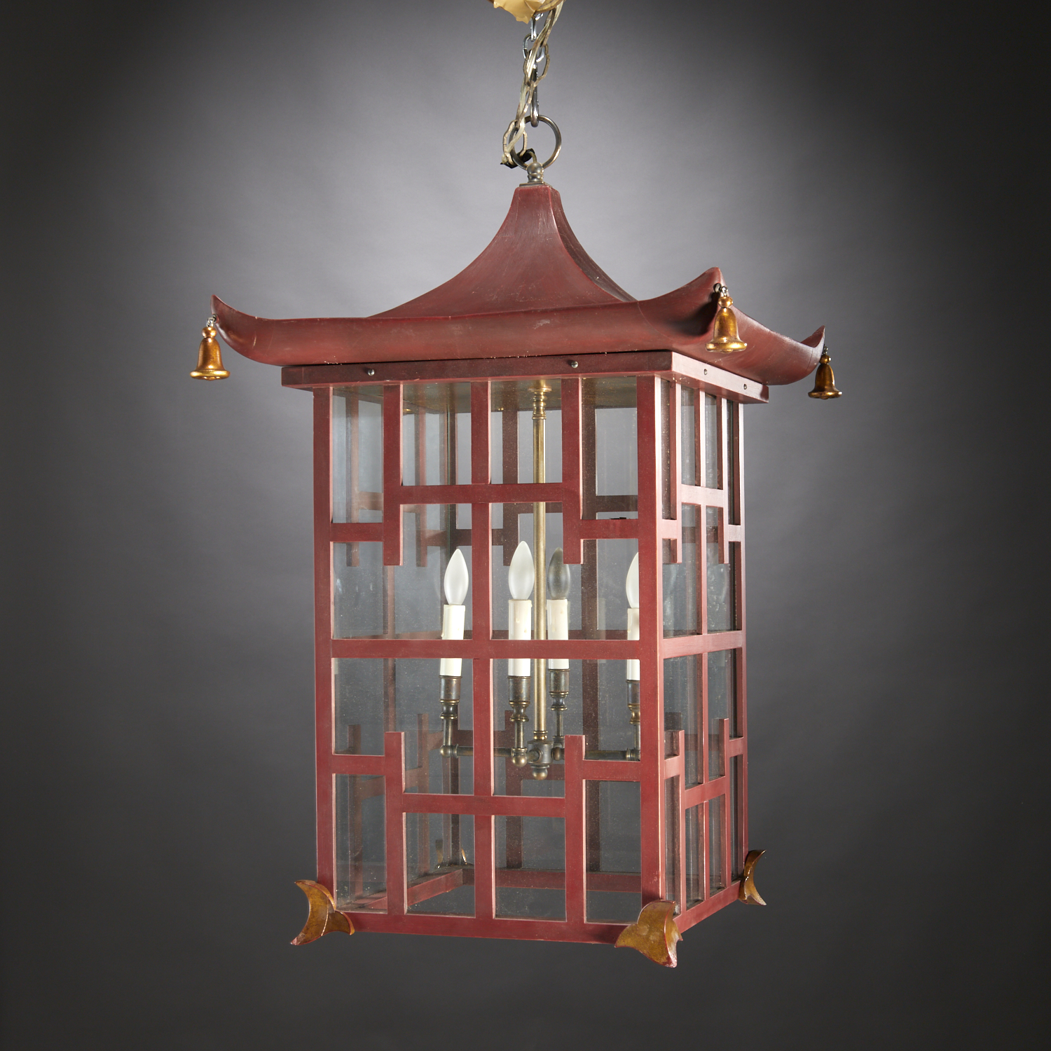 Appraisal: LARGE CHINOISERIE LACQUERED PAGODA-FORM LANTERN th c oxblood red painted