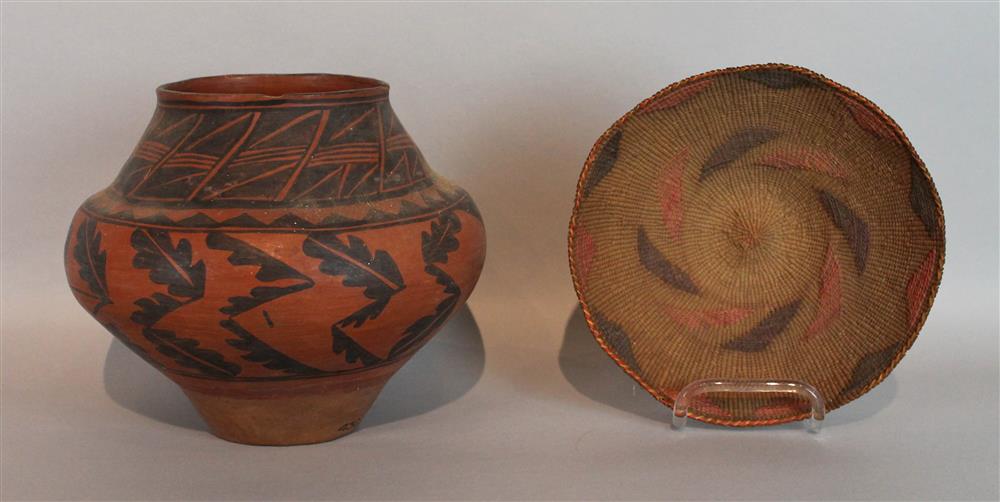 Appraisal: ACOMA POT AND WOVEN SMALL BASKET the earthenware pot with