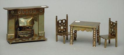 Appraisal: Miniature Brass Table Articles including a Fireplace Table and Two