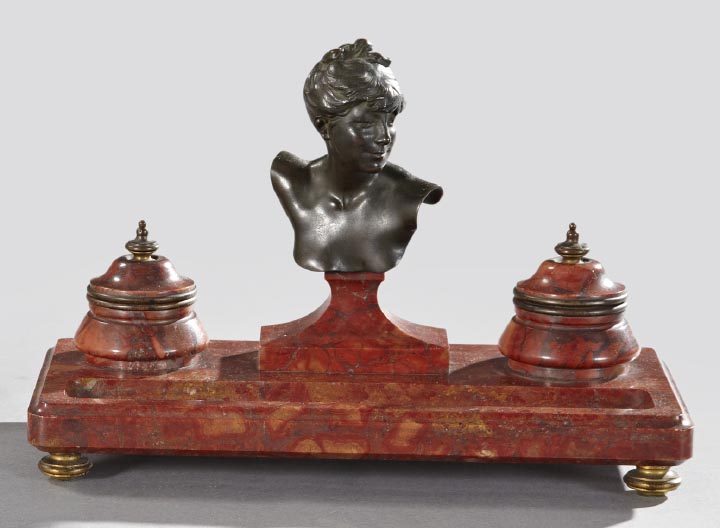 Appraisal: French Bronze-Mounted Rouge Royale Marble Encrier first quarter th century