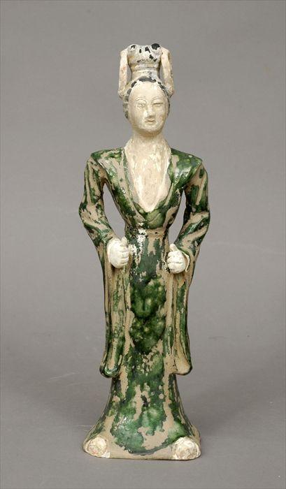 Appraisal: Tang-Style Green-Glazed Pottery Figure of a Lady with Ringed Coiffure