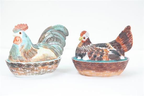 Appraisal: TWO HENS ON NESTS Both are milk glass with polychrome