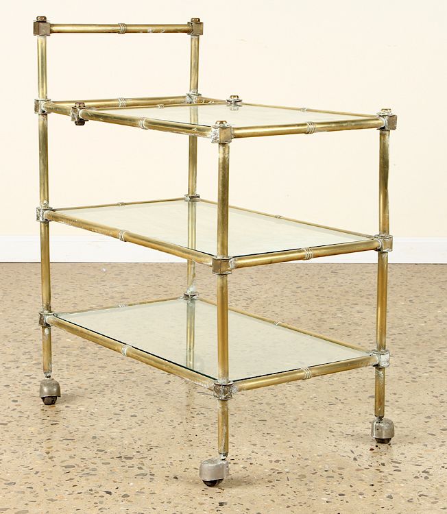 Appraisal: TIERED BRASS GLASS BAMBOO BAR CART A three tiered brass