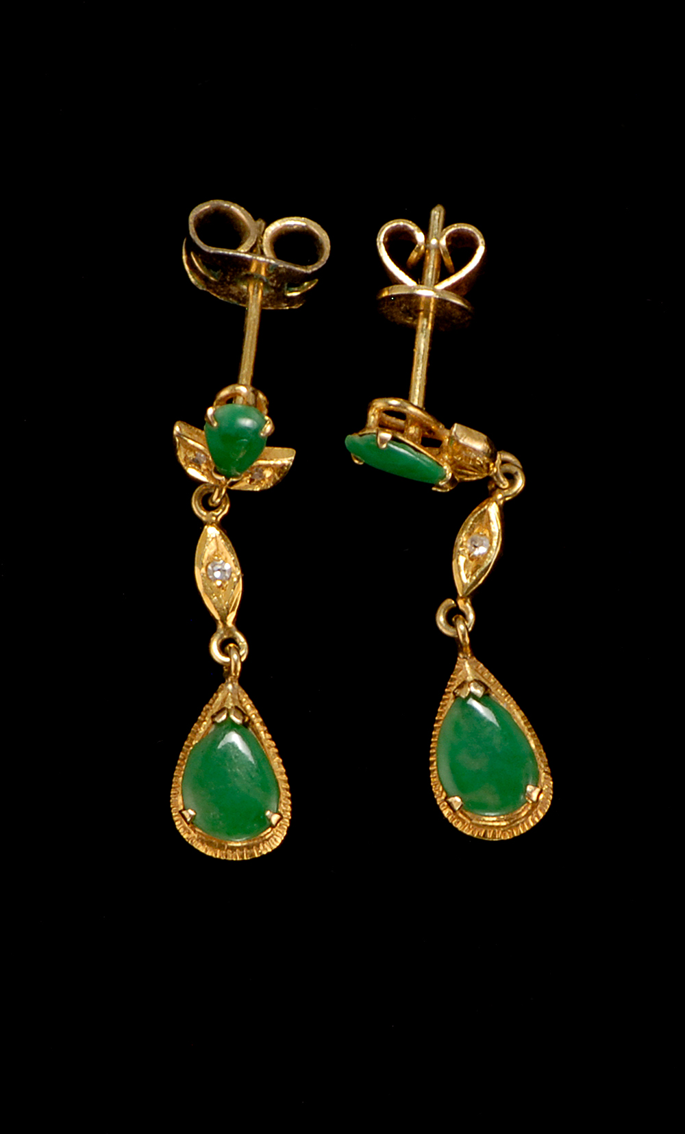 Appraisal: PAIR OF GREEN JADE AND GOLD PENDANT EARRINGS Delicate teardrop