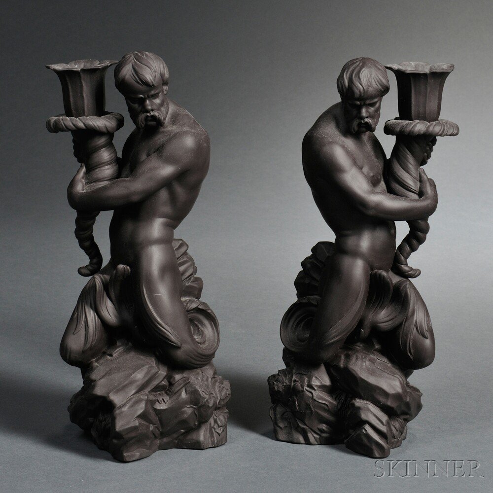 Appraisal: Pair of Modern Wedgwood Black Basalt Triton Candlesticks England each