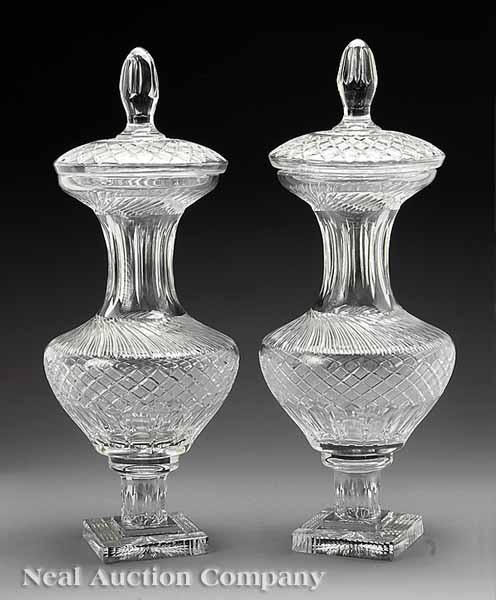 Appraisal: A Pair of Monumental Cut Glass Covered Urns th c