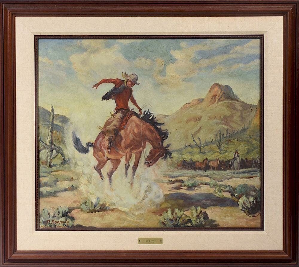 Appraisal: Ruth Koppang Am b oil on canvas of bronco buster