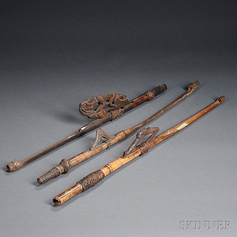 Appraisal: Three New Guinea Wood Bamboo and Rattan Spear Throwers Sepik