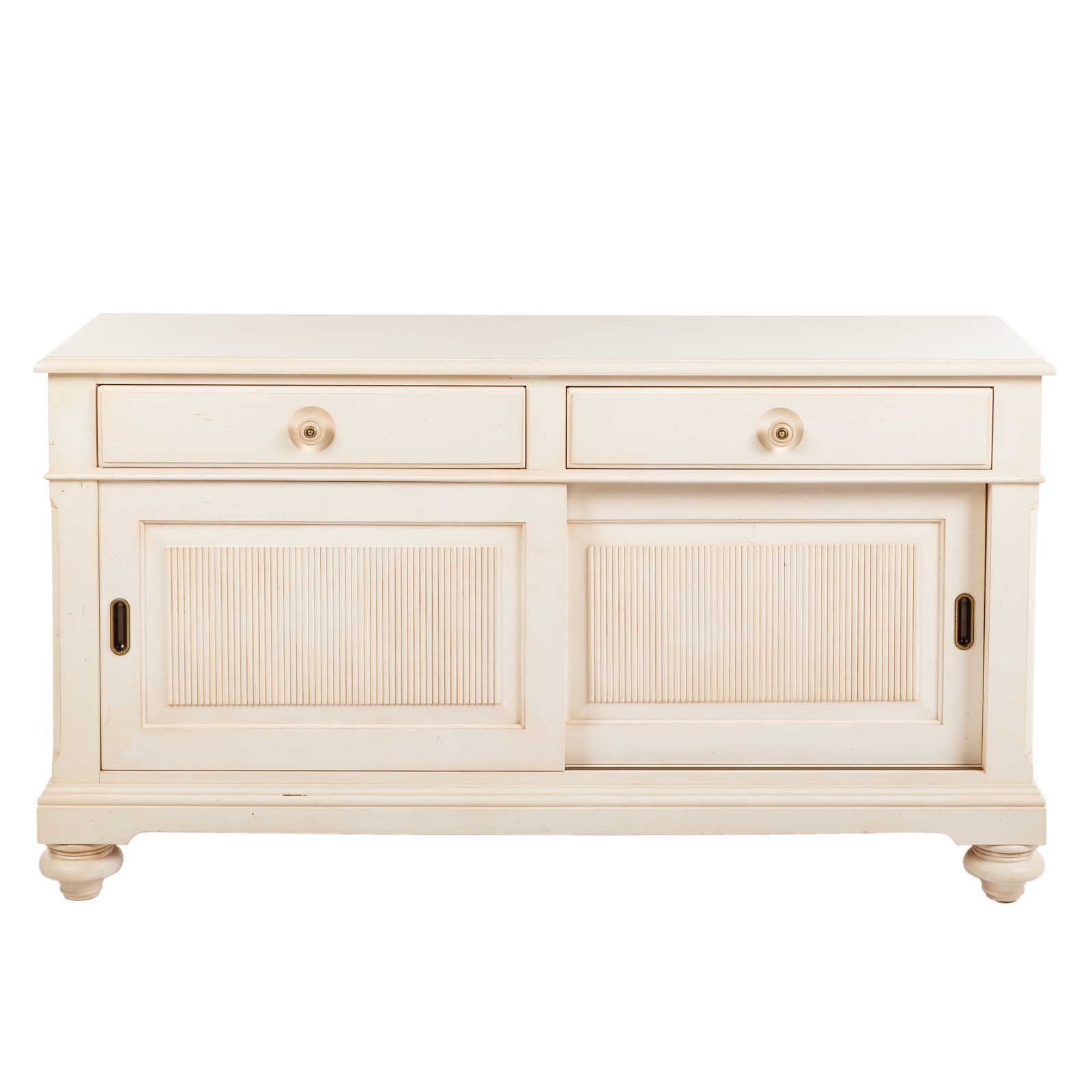 Appraisal: ETHAN ALLEN CONTEMPORARY ENTERTAINMENT CONSOLE st century white distressed painted