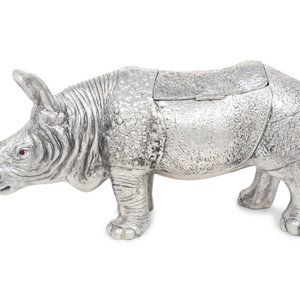 Appraisal: A Large Silvered Metal Rhinoceros-Form Wine Cooler Late th Century