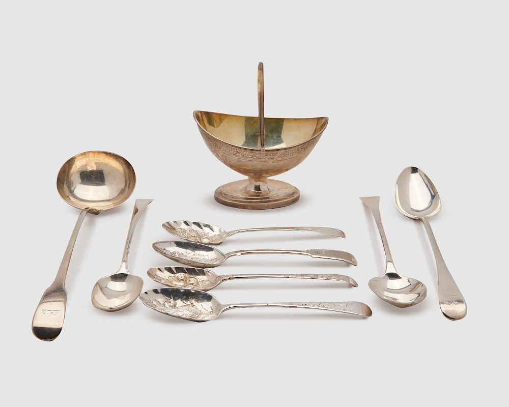 Appraisal: Assemblage of Georgian Silver Spoons and a Silver Basket Assemblage