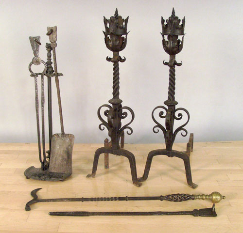 Appraisal: Wrought iron fireplace set early th c to include a