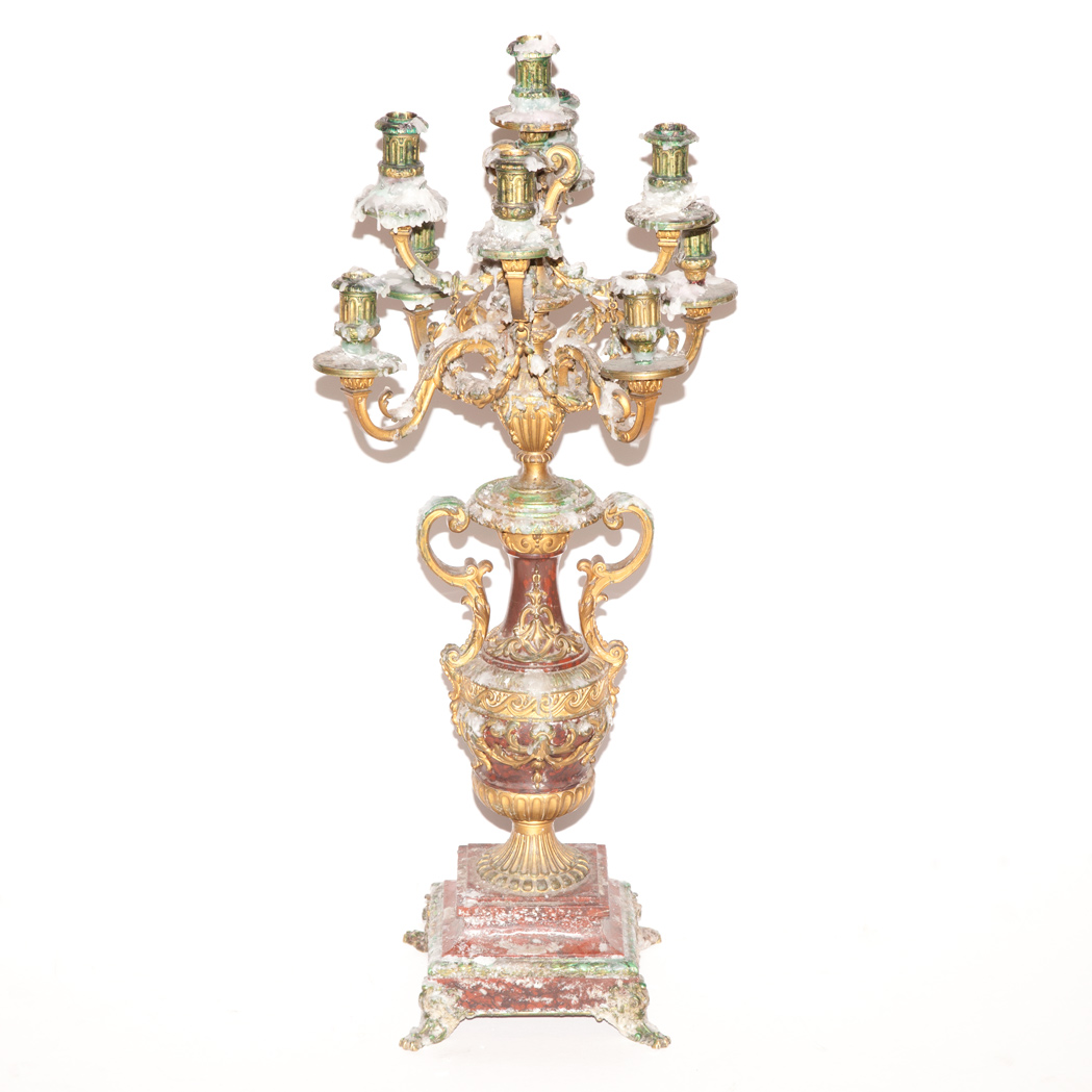 Appraisal: Pair of Neoclassical Style Gilt-Bronze and Rouge Marble Nine-Light Candelabra