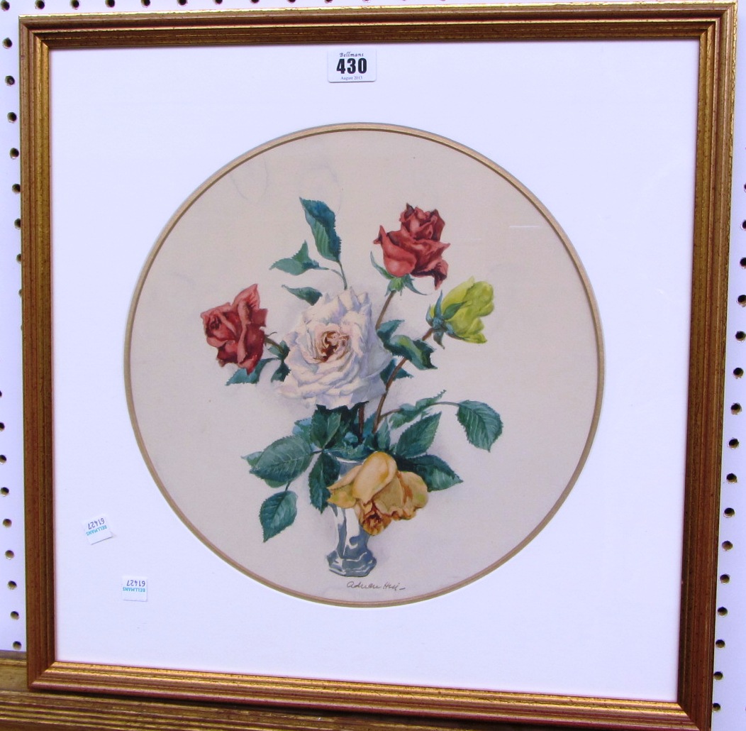 Appraisal: Adrian Hill - Still life of roses watercolour tondo signed