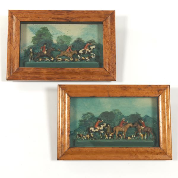 Appraisal: TWO RARE VICTORIAN WAX HUNTING GROUP DIORAMAS IN SHADOW BOXES