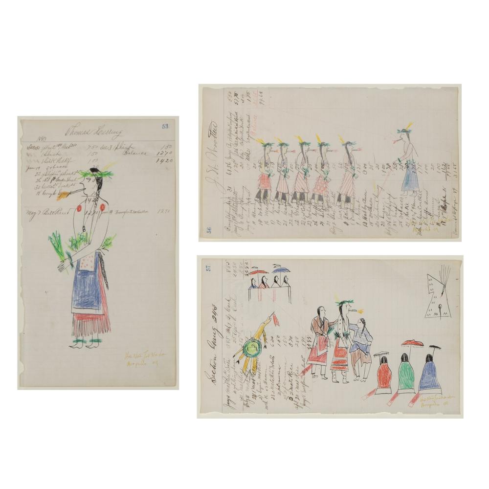 Appraisal: GROUP OF THREE LEDGER DRAWINGS UNTITLED SMOKING CEREMONY SUN DANCER