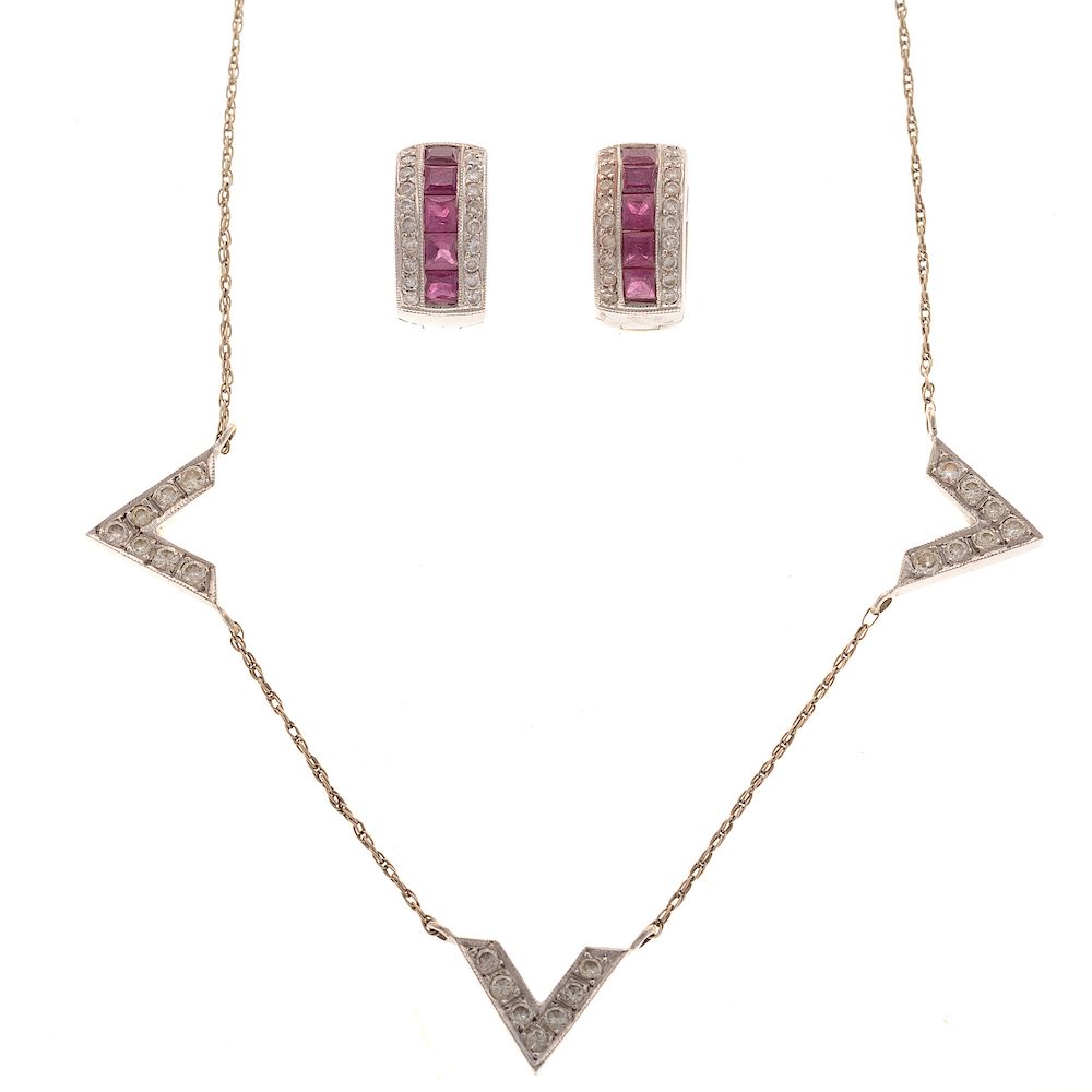 Appraisal: Ruby Diamond Hoops and Diamond Necklace K white gold huggie