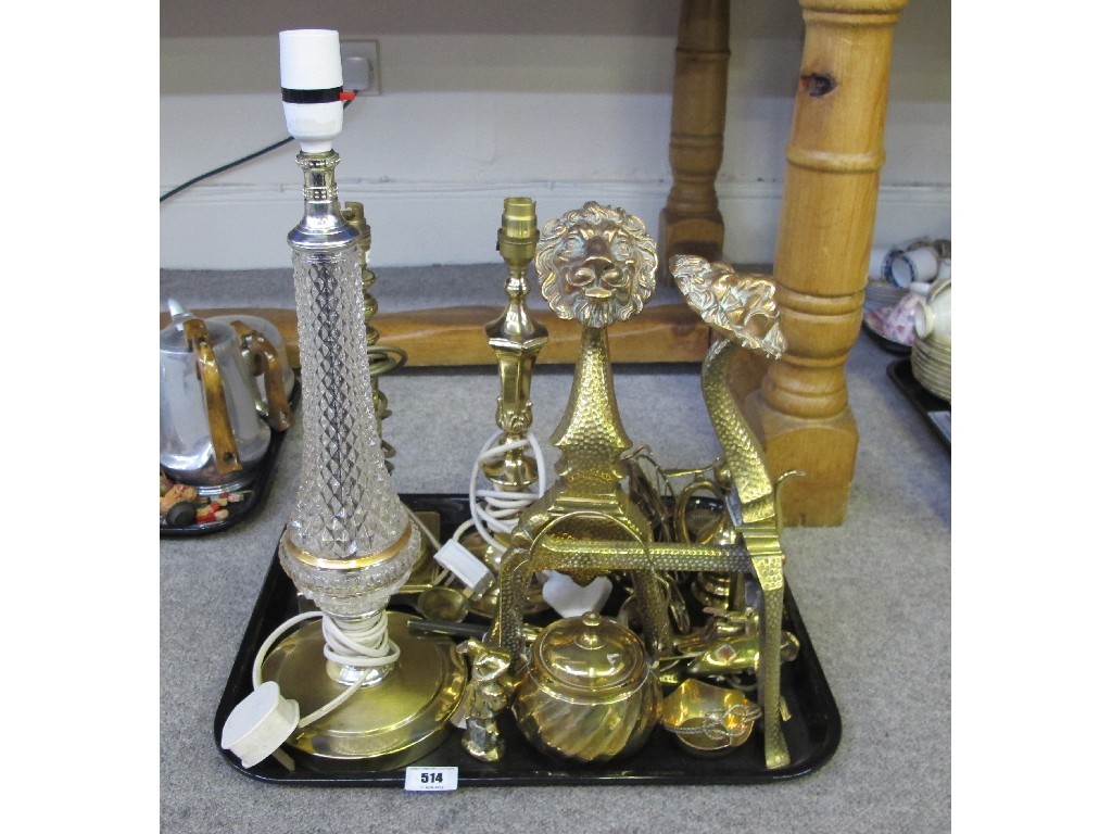 Appraisal: Tray of brassware - fire dogs lampbases etc