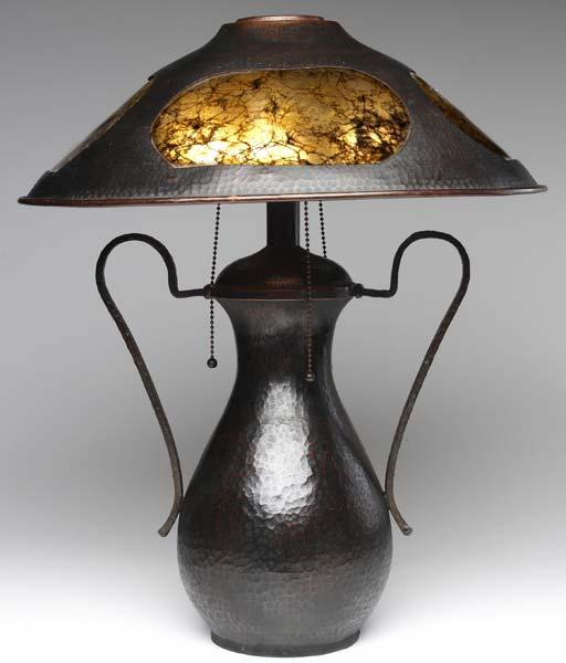 Appraisal: OLD MISSION KOPPERKRAFT Table lamp its four-panel flaring mica shade