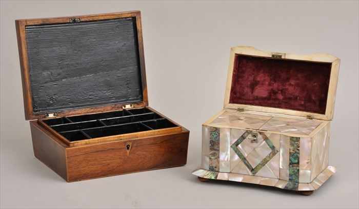 Appraisal: REGENCY INLAID ROSEWOOD BOX AND A VICTORIAN MOTHER-OF-PEARL INLAID TEA