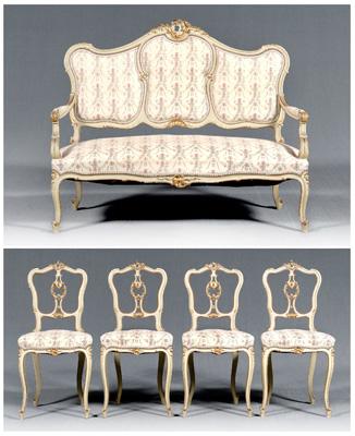 Appraisal: French paint decorated parlor suite settee four side chairs each