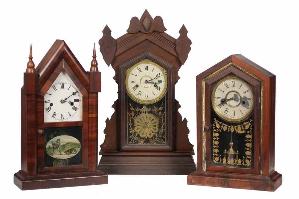 Appraisal: AMERICAN WOODEN MANTEL CLOCKS - Including Gingerbread 'Exeter' Clock by