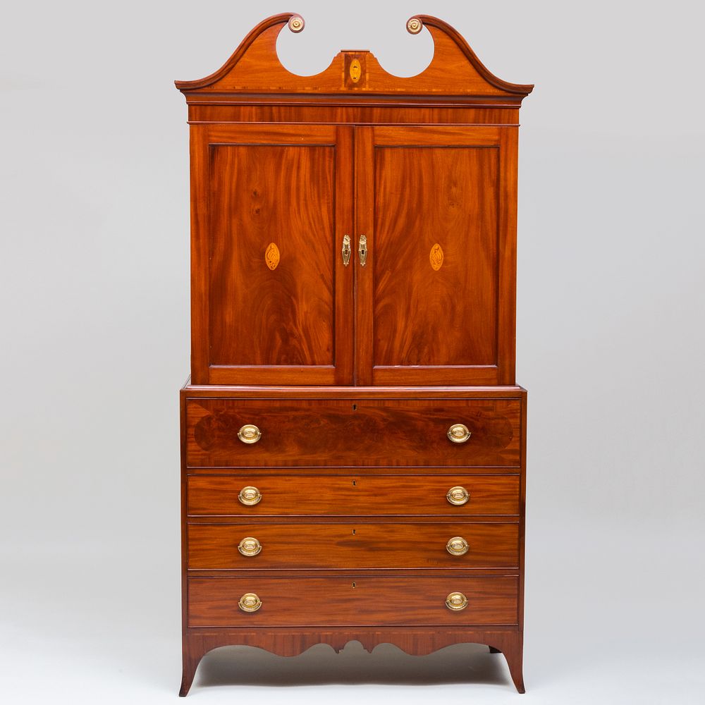 Appraisal: Federal Inlaid Mahogany Linen Press In two parts the upper