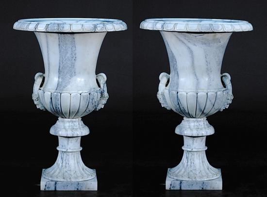 Appraisal: Pair Classical white mottled marble garden urns flaring rim over