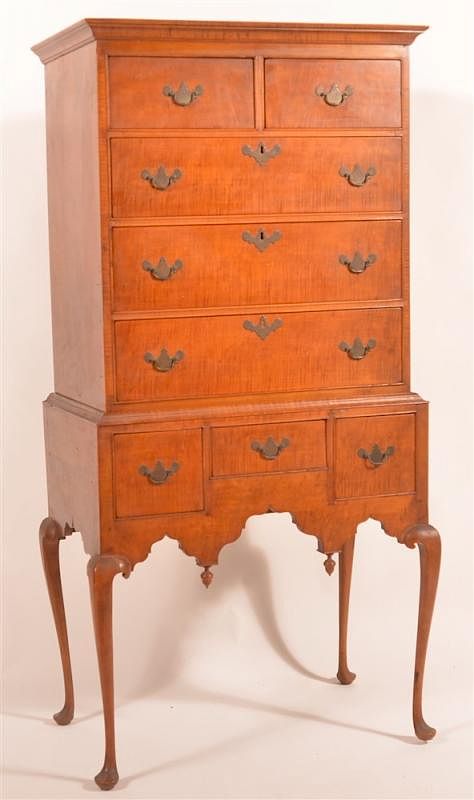 Appraisal: s Tiger Maple Highboy Queen Anne Style s Tiger Maple