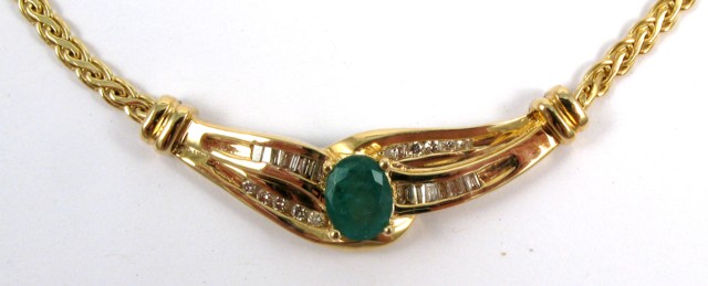 Appraisal: EMERALD AND DIAMOND NECKLACE k yellow gold and - in