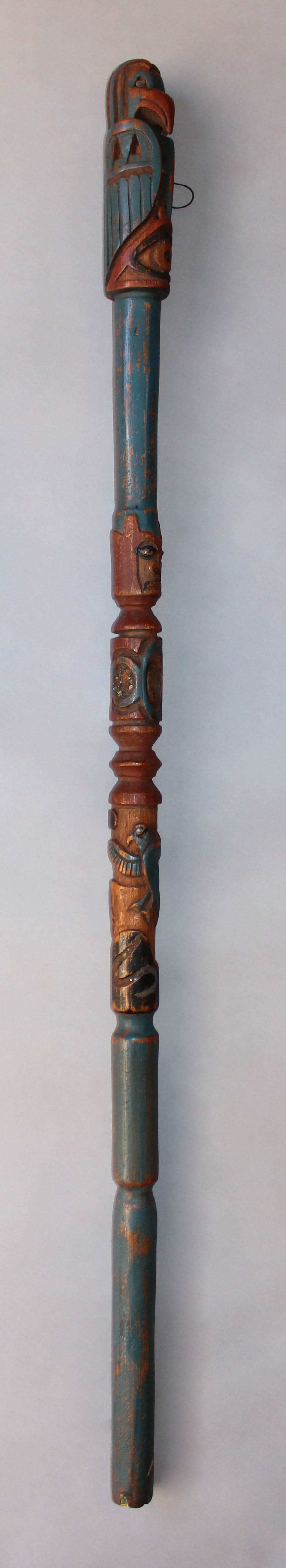 Appraisal: PACIFIC NORTHWEST COAST-TYPE POLYCHROME CARVED AND INCISED WOODEN STAFF inlaid