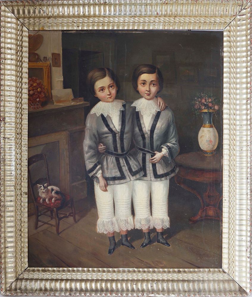 Appraisal: Oil on Panel Naive Portrait of Twins with Their Cat