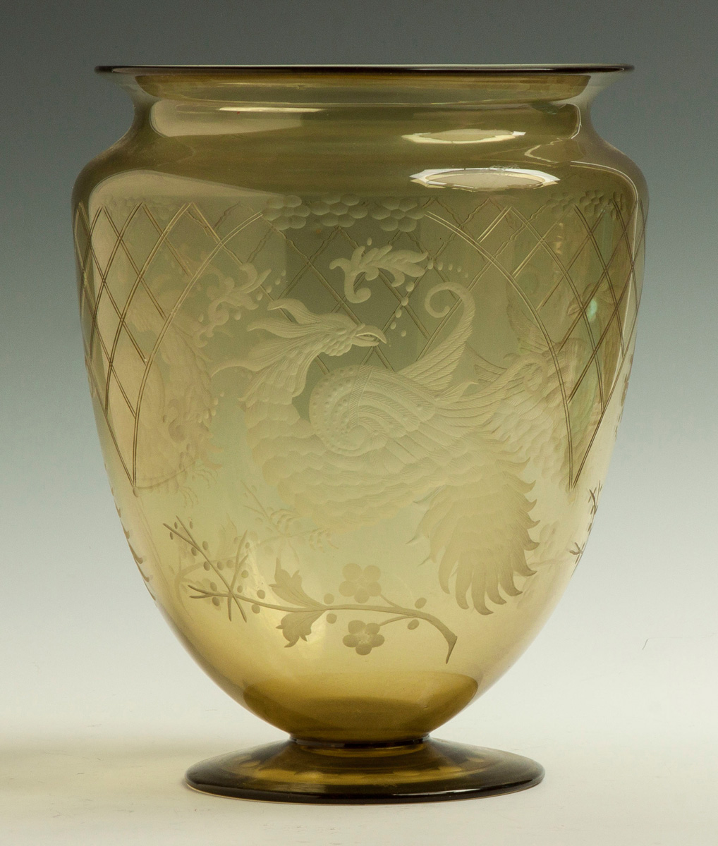 Appraisal: Steuben Engraved Vase with Bird Design Early th cent