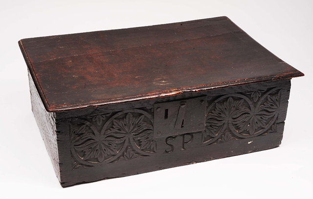 Appraisal: An early th Century oak bible boxwith carved front and