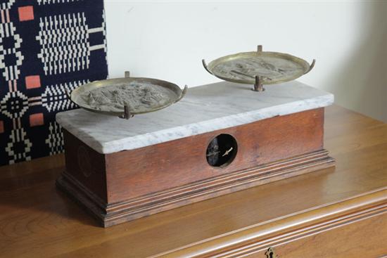 Appraisal: MARBLE AND WOOD APOTHECARY SCALE WITH PEERAGE STAMPED BRASS TRAYS