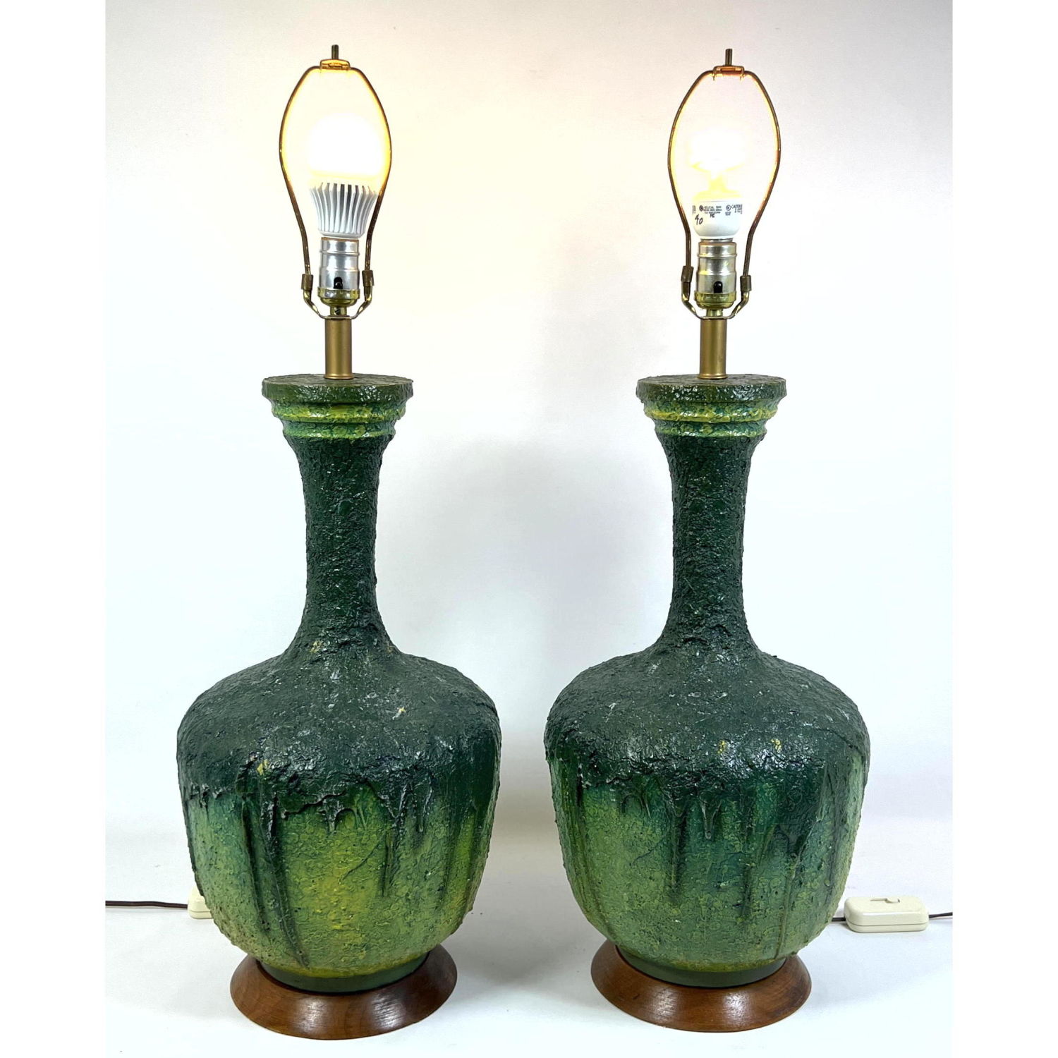 Appraisal: Pr Modernist Green Painted Plaster Table Lamps Long necked bottle