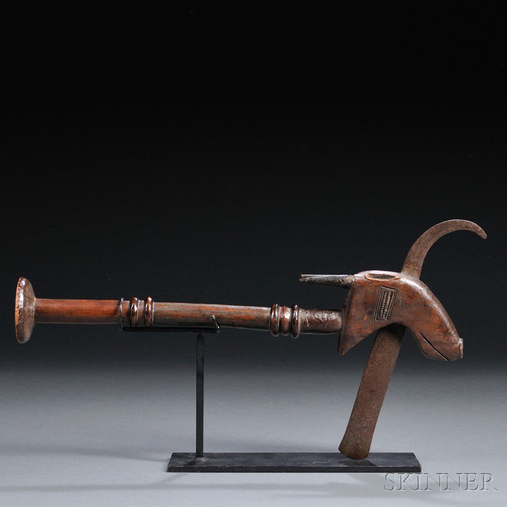 Appraisal: Dahomian Carved Wood and Metal Ritual Axe with stylized animal