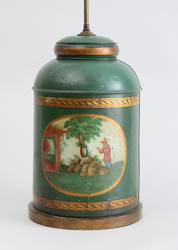 Appraisal: CHINESE EXPORT GREEN-GROUND T LE PEINTE TEA CANISTER MOUNTED AS