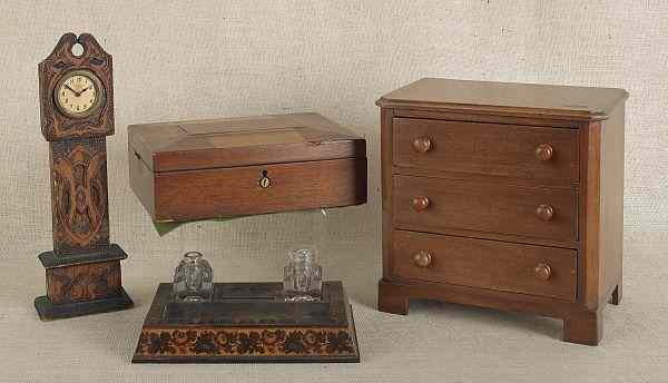 Appraisal: Parquetry dresser box together with a miniature mahogany dresser a