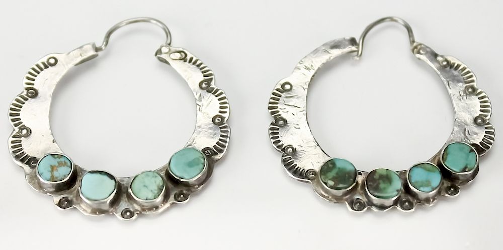 Appraisal: Old Pawn Navajo Turquoise Silver Hoop Earrings Old Pawn Native