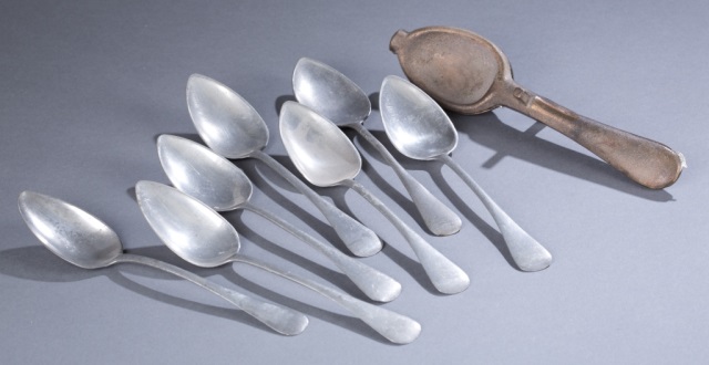 Appraisal: Six Pewter Spoons and Spoon Mold Illegible maker's mark on