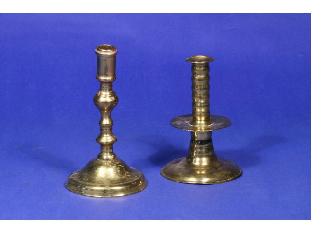 Appraisal: AN EARLY TH CENTURY BRASS CANDLESTICK with flared nozzle on