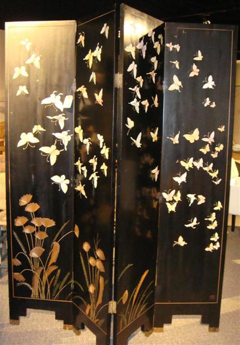 Appraisal: ASIAN BLACK LACQUER FOUR PANEL SCREEN DEPICTING BUTTERFLIES h in