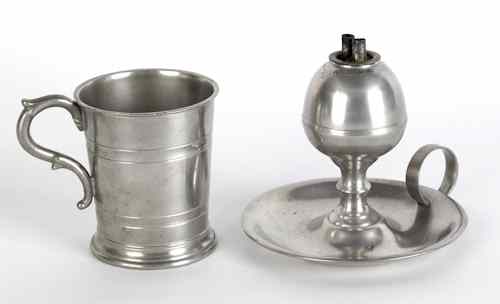 Appraisal: Westbrook Maine pewter mug and whale oil lamp ca bearing