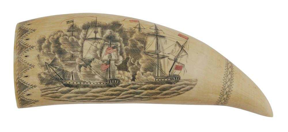 Appraisal: BANKNOTE ENGRAVER POLYCHROME SCRIMSHAW WHALE'S TOOTH MID- TH CENTURY LENGTH