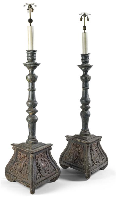 Appraisal: LARGE PAIR OF ITALIAN PAINTED PRICKET CANDLESTICKS MID TH CENTURY