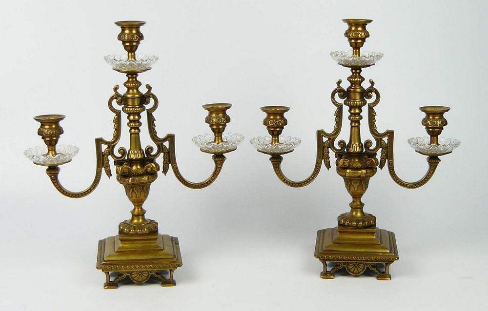 Appraisal: PAIR VINTAGE BRONZE CRYSTAL DOUBLE CANDLE STICKS Each measures tall