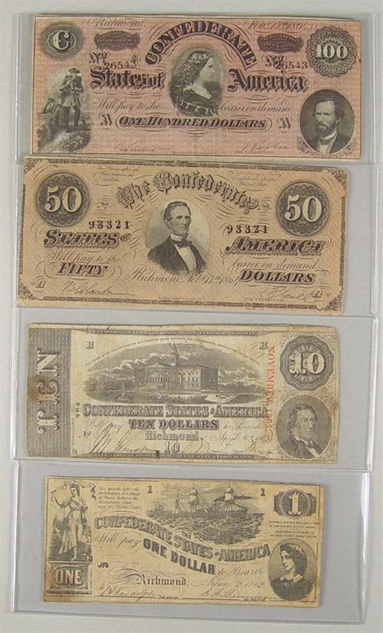 Appraisal: Four Confederate States Notes Note dated with nice color Note