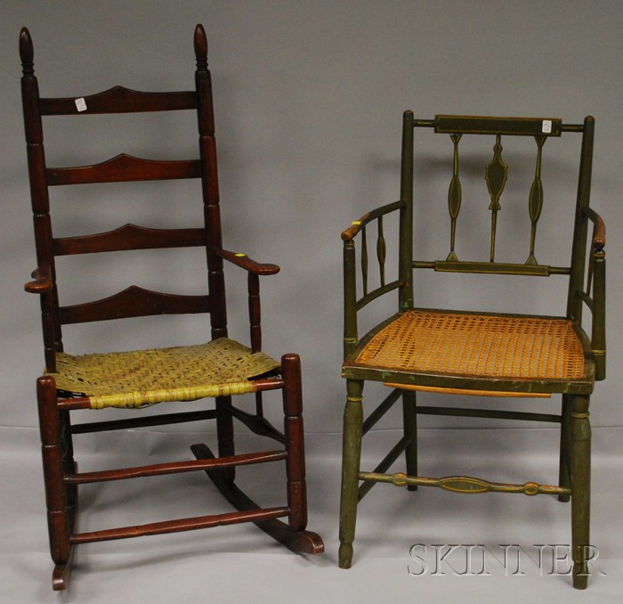 Appraisal: Ladder-back Armrocker and a Green-painted and Decorated Fancy Armchair with