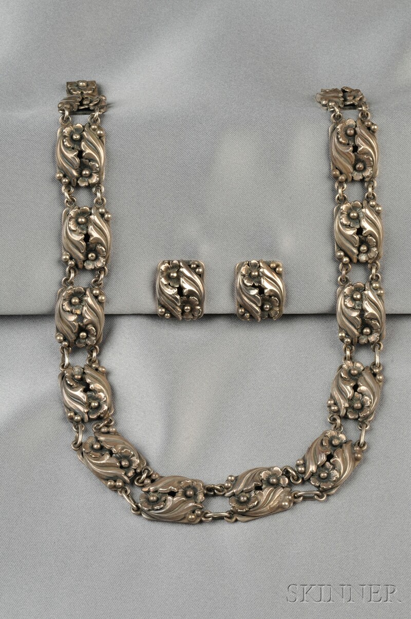 Appraisal: Sterling Silver Necklace and Earclips N E From Denmark the